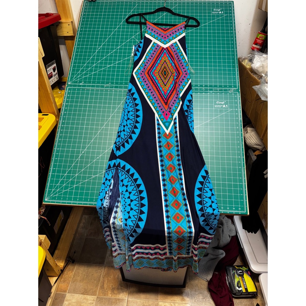Everly Grey Womens Geometric Tribal Print Maxi Dress Navy Blue Boho Halter L